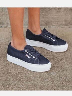 Superga Navy Canvas Platform Sneakers Women's 10